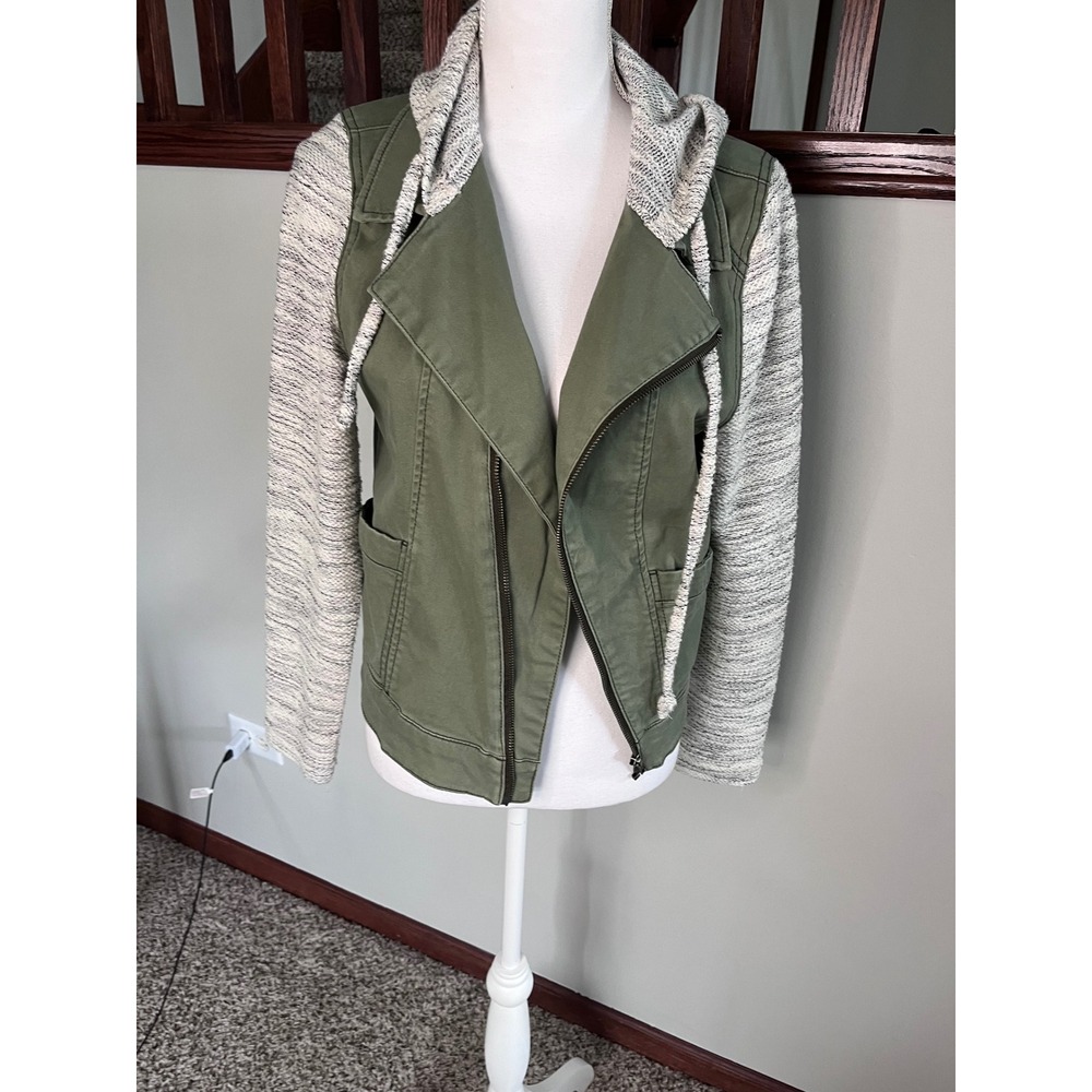 Mossimo Mixed Media Moto Jacket Olive Green Canvas Grey Knit Hooded Size M